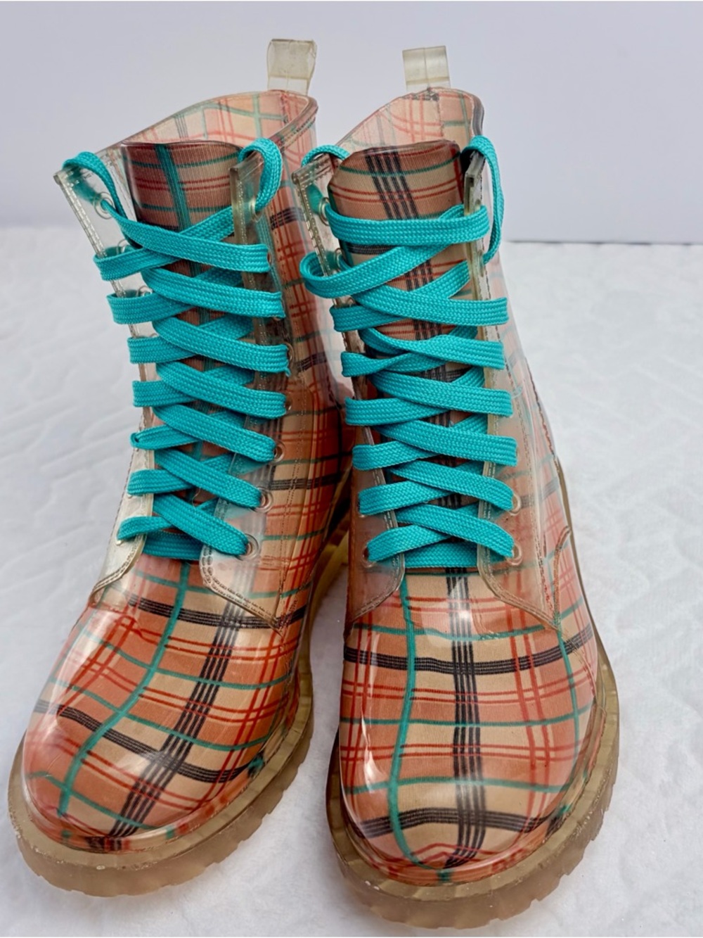 Bongo retro plaid festival combat style Granny Boot waterproof Size 7 Aqua Laces